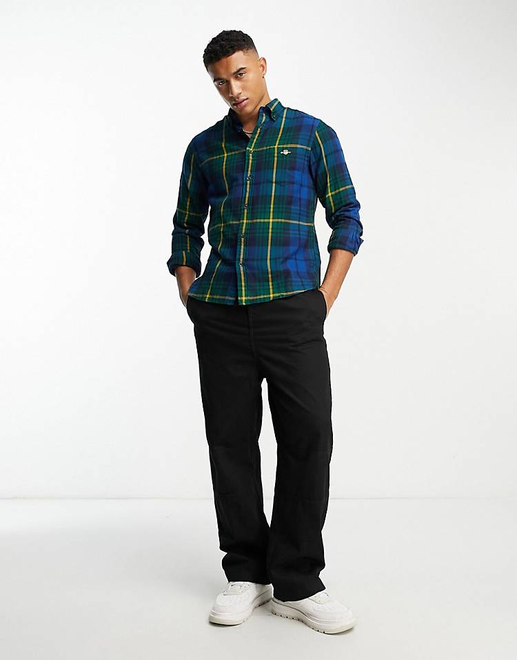 GANT shield logo plaid flannel shirt regular fit in dark green